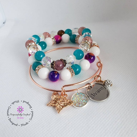 Brave Butterfly Charm Bracelet Set - Be Brave She Flies - Rose Gold Bangle Set - Purposefully Crafted By Koko