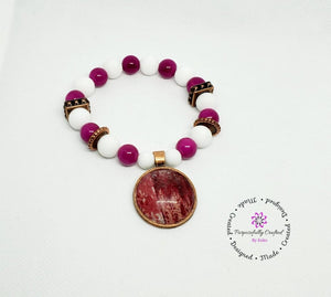 Magenta Pink, White, Copper Beaded Bracelet with a Fabric Charm. - Purposefully Crafted By Koko